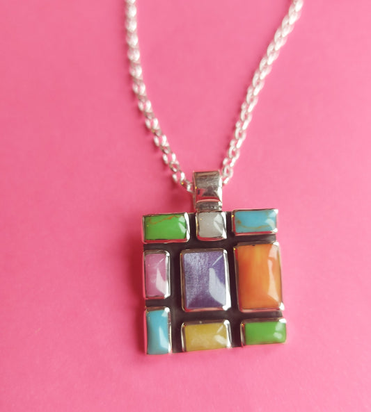 Croi Multi-Coloured Mosaic Square Resin Silver Pendant