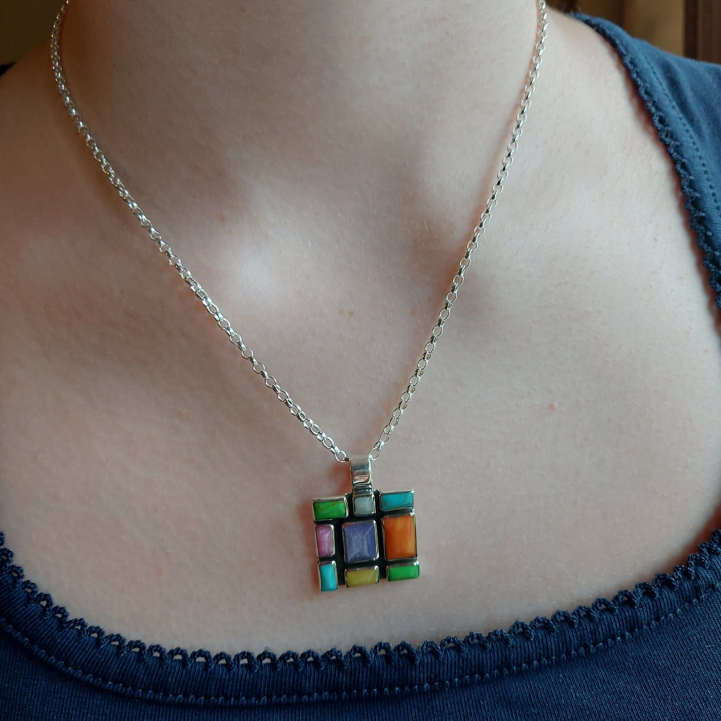 Croi Multi-Coloured Mosaic Square Resin Silver Pendant
